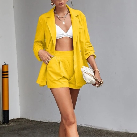 Solid Lapel Collar Button Front Blazer And Shorts Set - Picture 1 of 6